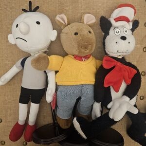 3 Children's Book Character Dolls W/ Doll Stand Arthur Cat In Hat Greg Heffley